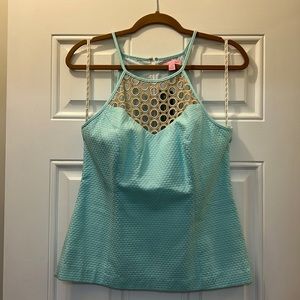 Lilly Pulitzer NWT Larina Top, Size 8, Aqua and Gold